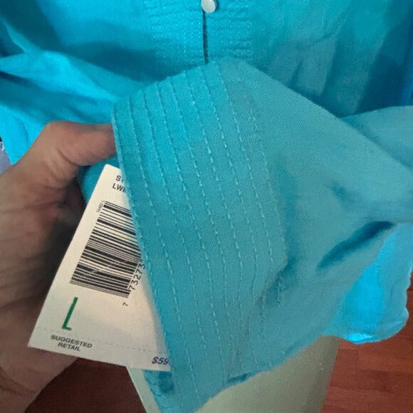 Liz Claiborne Womens Blouse Size L 100% Linen Button-Down Turquoise Stitch - Picture 5 of 10